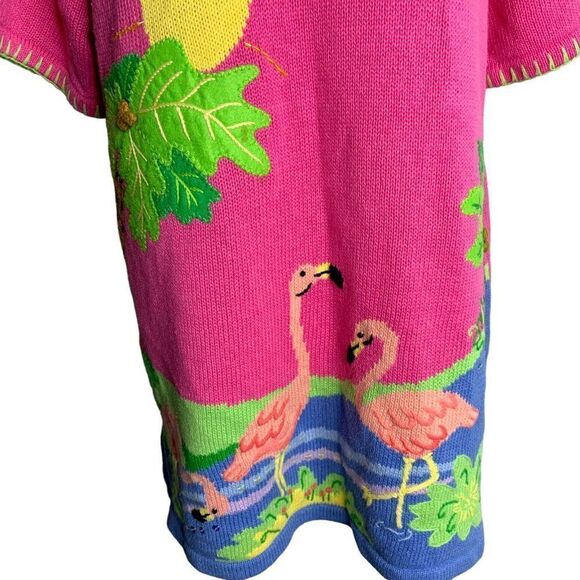 Vintage Quacker Factory Flamingo Sweater L Pink Beaded Short Sleeve Tunic - Picture 3 of 7